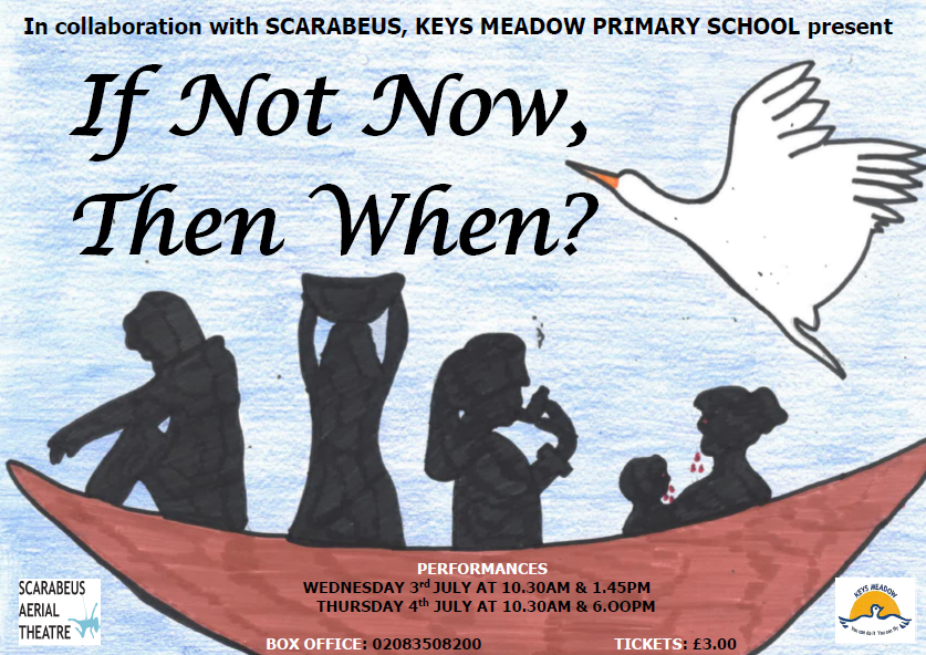 Poster of If Not Now, Then When? showing silhouettes of people in a boat with bird flying above, drawn by students involved in project.